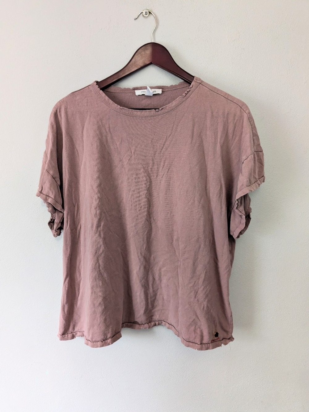 Peace Love World 100% Cotton Mauve Distressed Edges Boxy Short Sleeve Tshirt